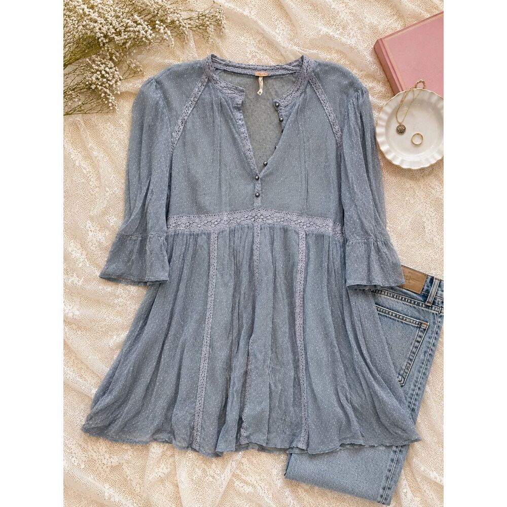 Free People Y2K Blue Swiss Dot Lace Trim Babydoll Tunic Dress Size Medium Boho